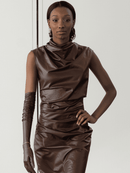 Mocha Faux Leather Draped Midi Dress