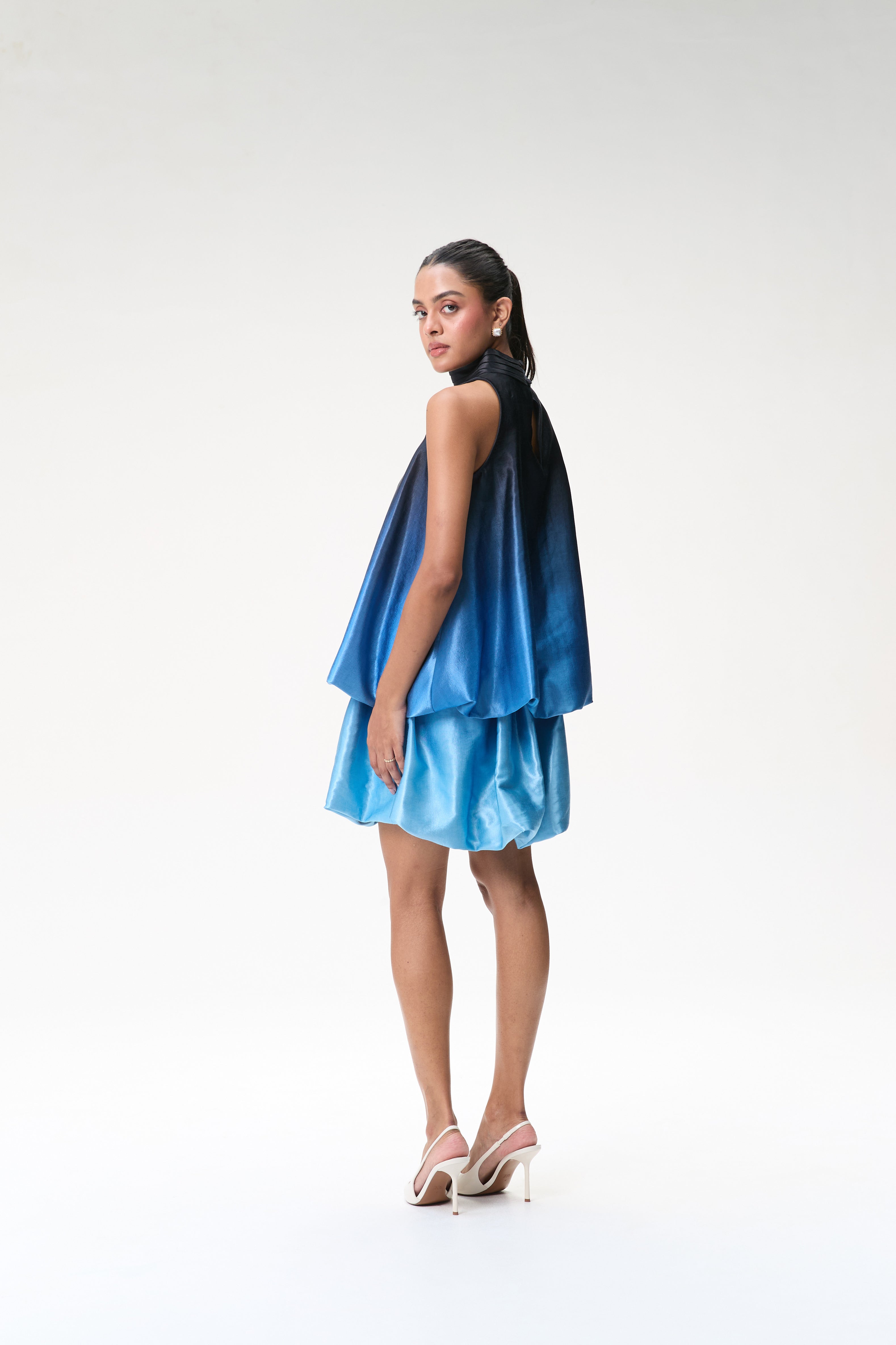 Midnight Blue Ombré Bubble Hem Halter Top & Blue Ombré Mini Bubble Skirt