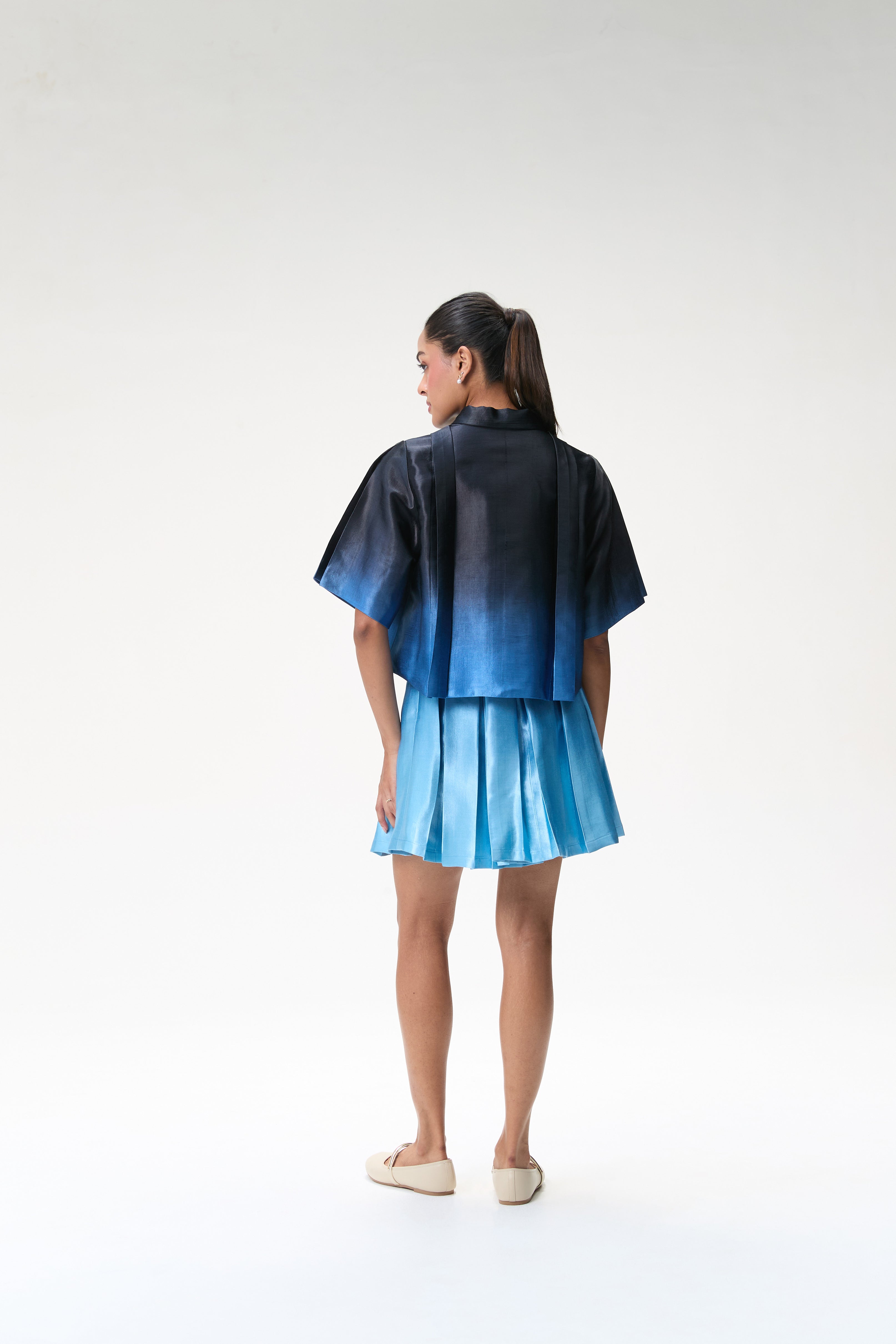 Midnight Blue Ombré Boxy Top & Blue Ombré Box Pleat Short Skirt