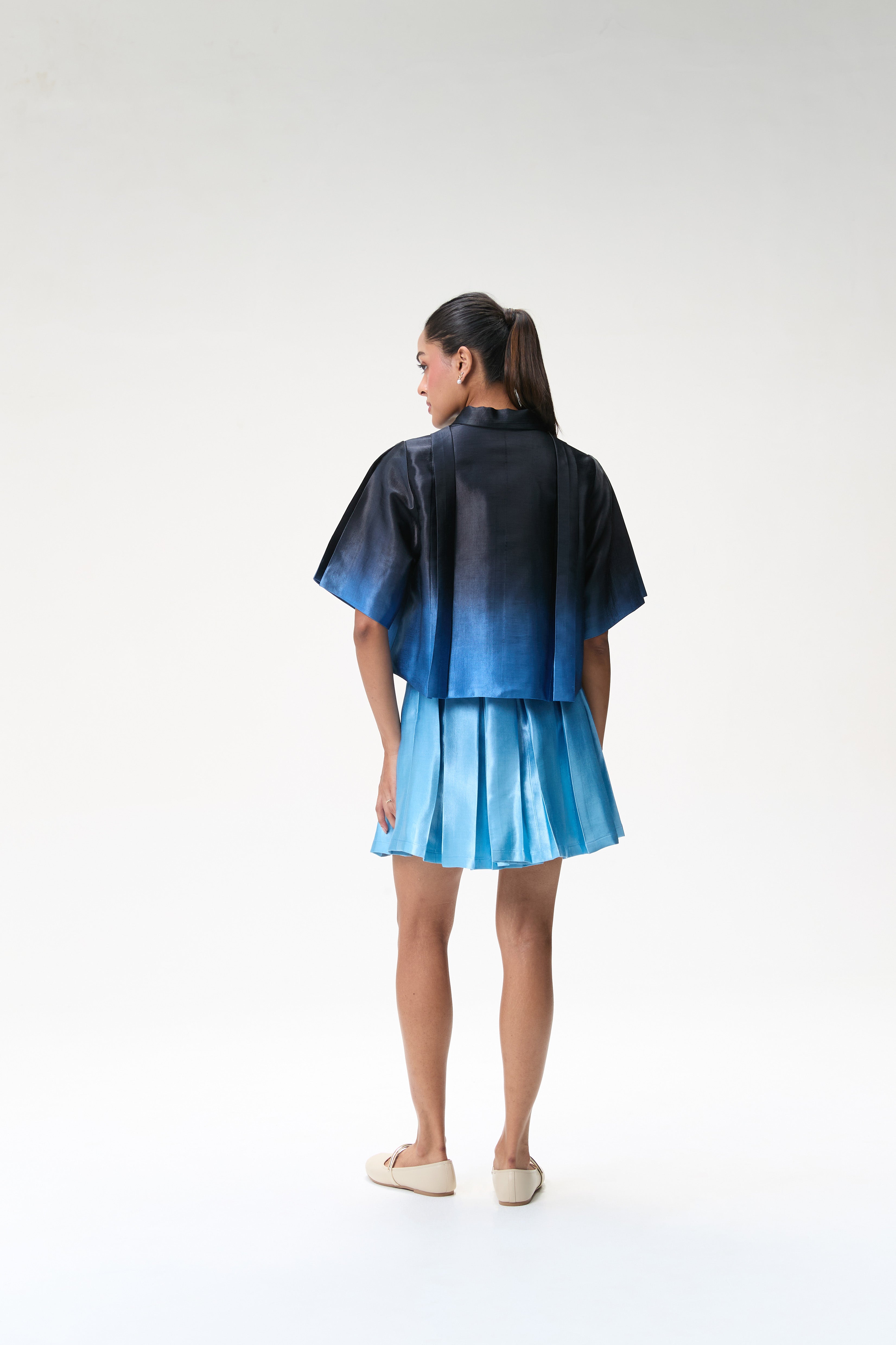 Midnight Blue Ombré Boxy Top & Blue Ombré Box Pleat Short Skirt