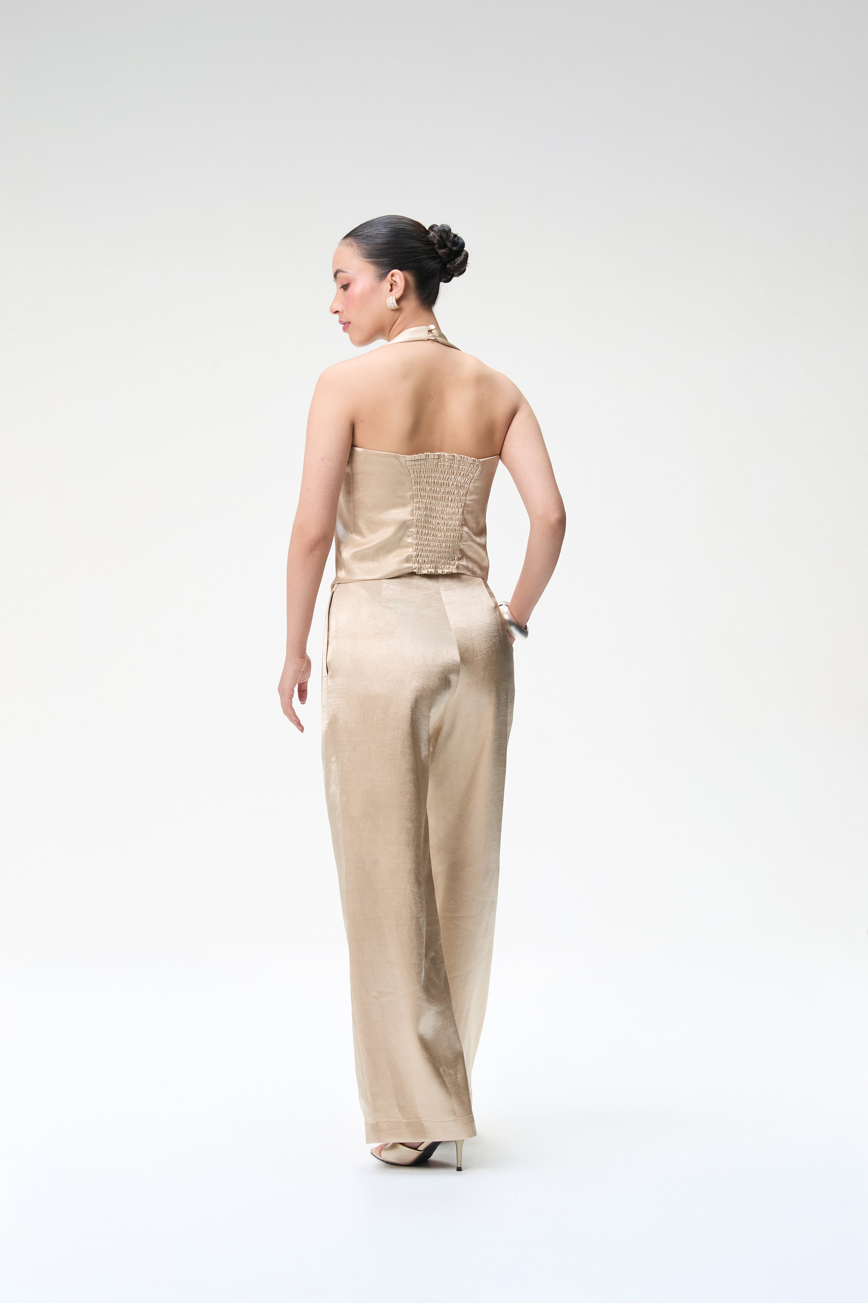Champagne Halter Waistcoat With Gold Buttons & Champagne Trouser With Pleats