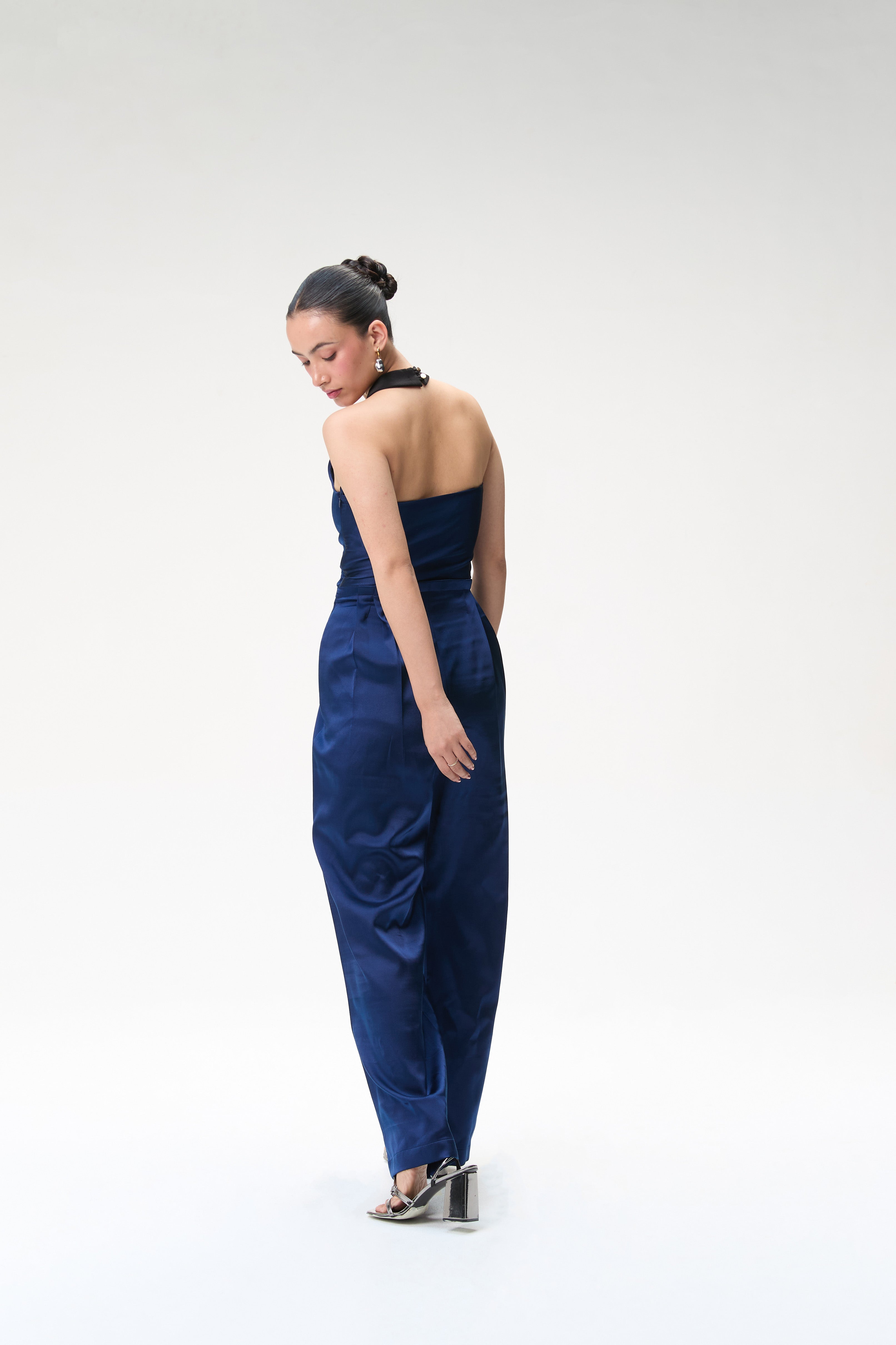 Midnight Blue Silk Jumpsuit With Contrast Collar