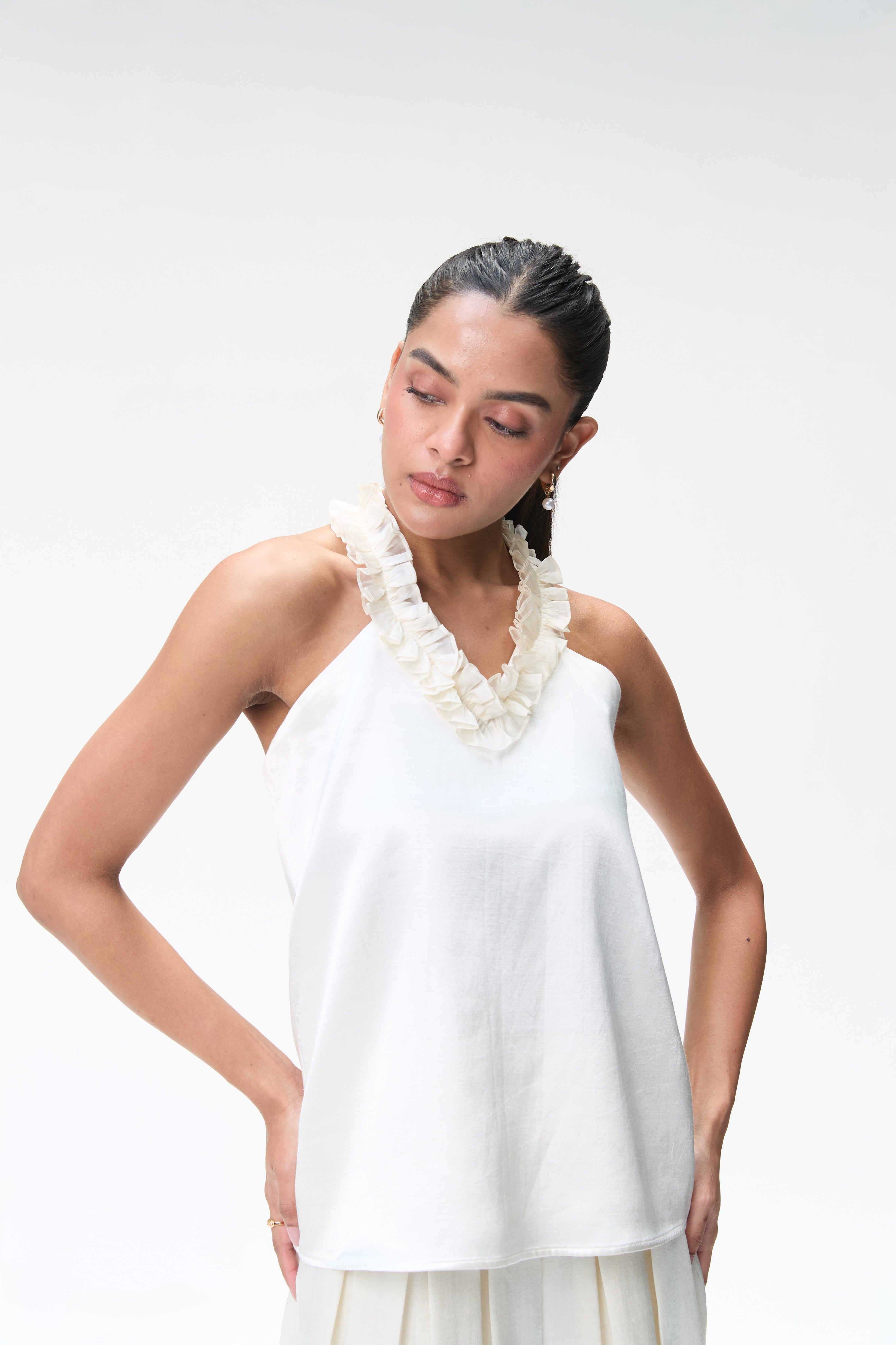 Ivory Halter Neck Top With Ruffle Detail
