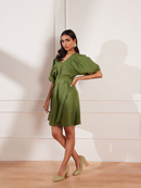 Moss Green Hemp V Neck Pleated Dress