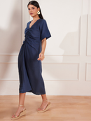 Moroccan Blue Hemp V-Neck Ruched Midi