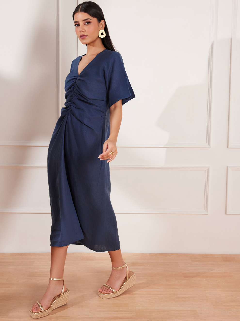 Moroccan Blue Hemp V-Neck Ruched Midi