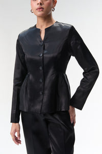 Black Peplum Jacket With Side Gathers & Black Tapered Trouser