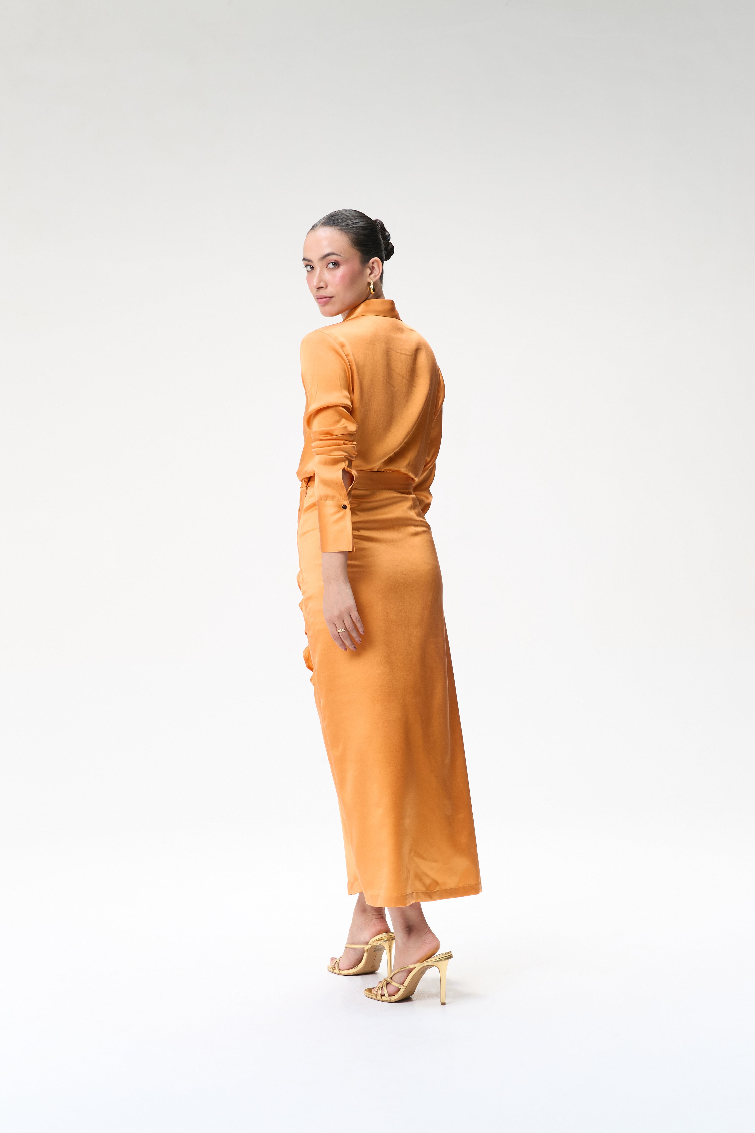 Coral Silk Shirt & Coral Side Ruched Silk Skirt