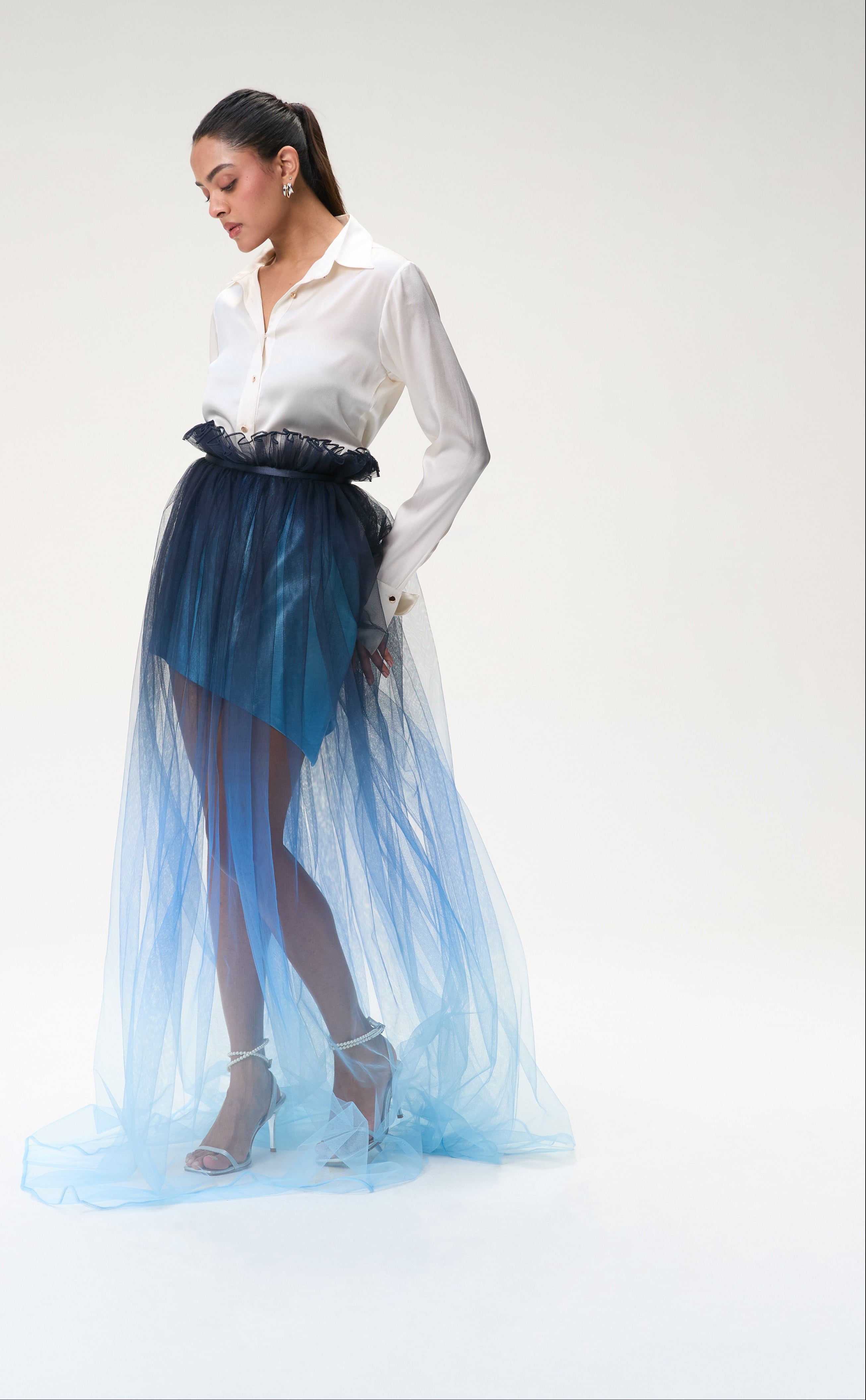 Ivory Silk Shirt & Midnight Blue Ombre Tulle Skirt