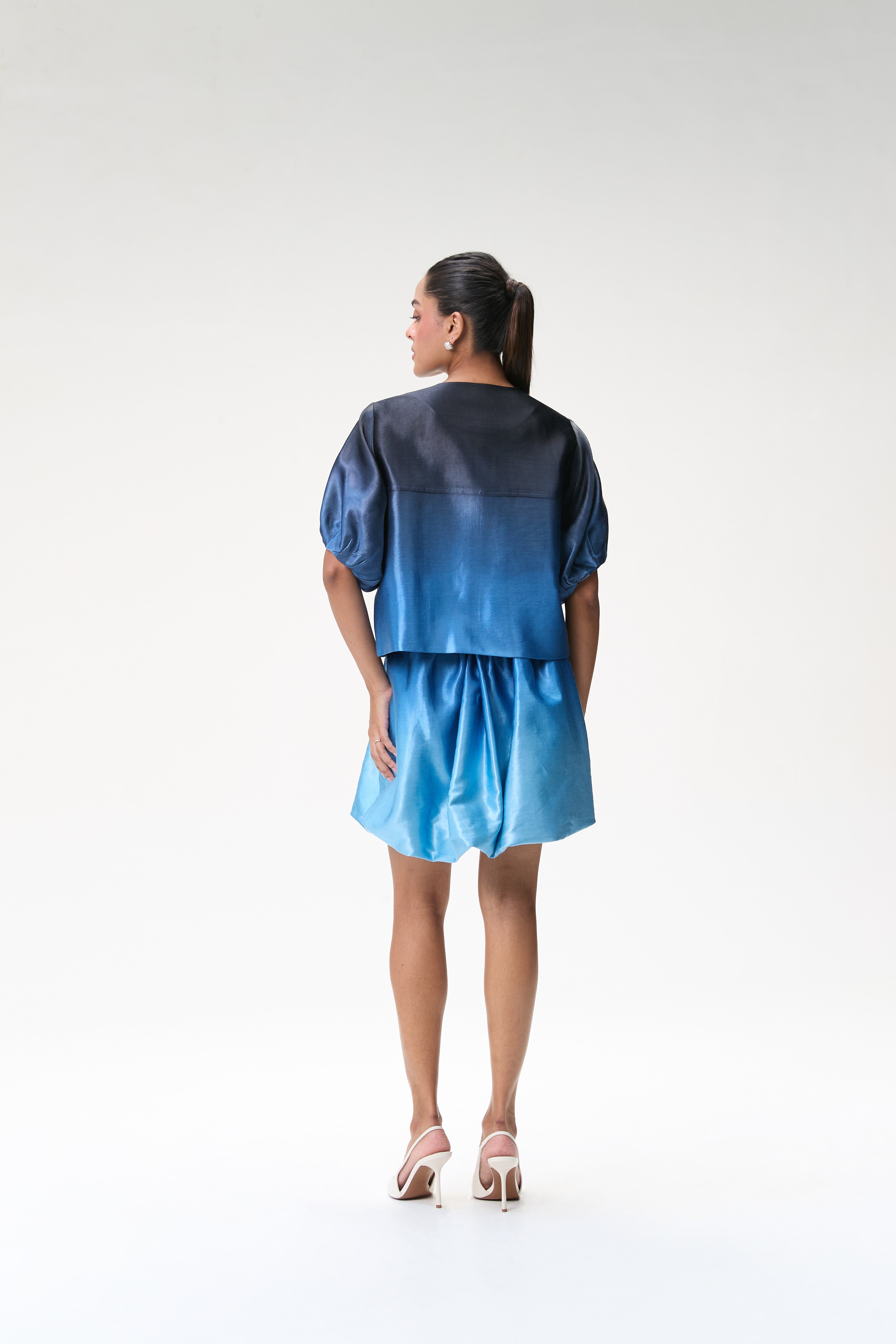 Midnight Blue Ombré Bubble Sleeve Crop Jacket & Blue Ombré Mini Bubble Skirt