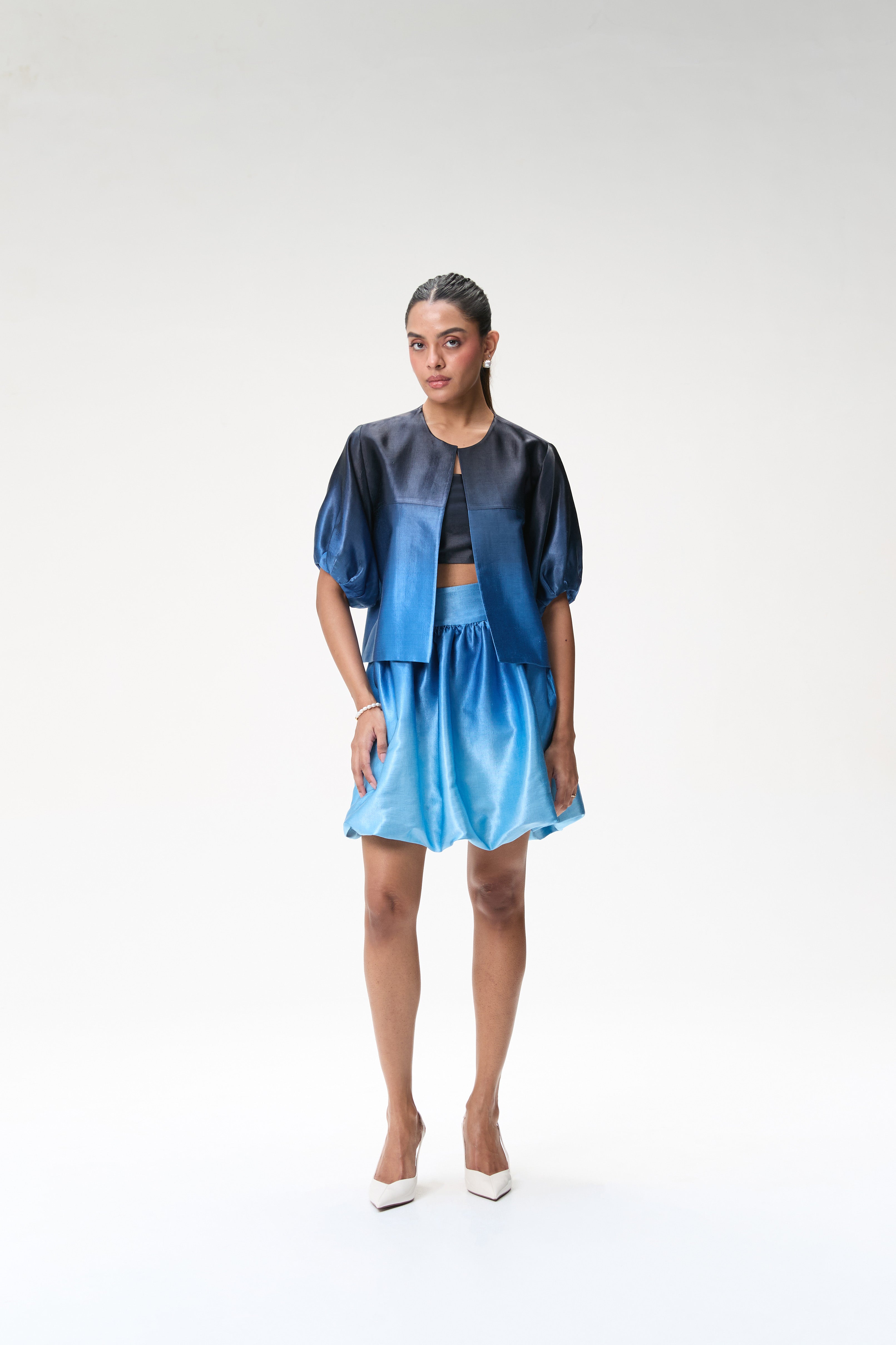 Midnight Blue Ombré Bubble Sleeve Crop Jacket & Blue Ombré Mini Bubble Skirt