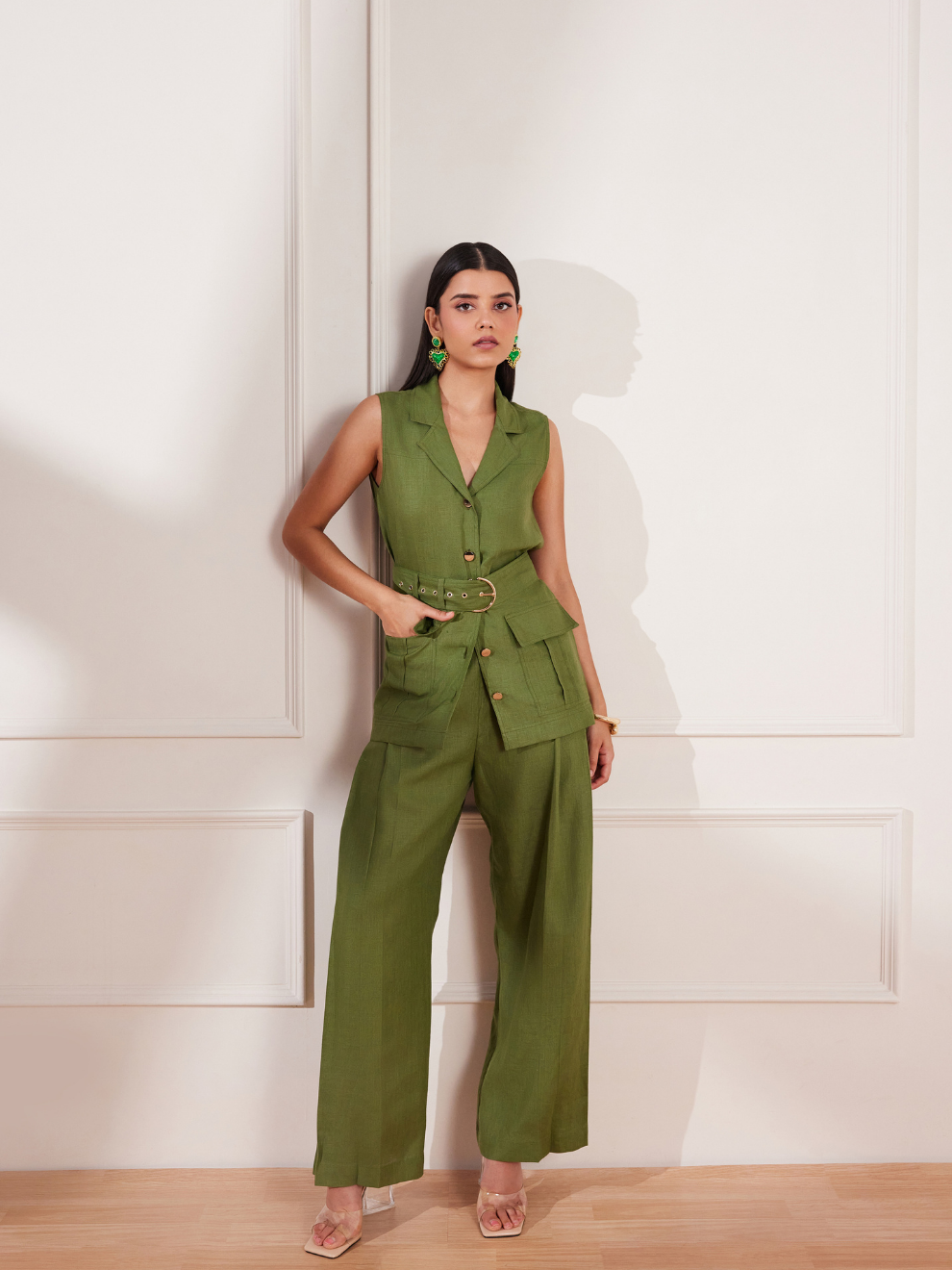 Moss Green Hemp Pleated Trousers