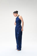 Midnight Blue Silk Jumpsuit With Contrast Collar
