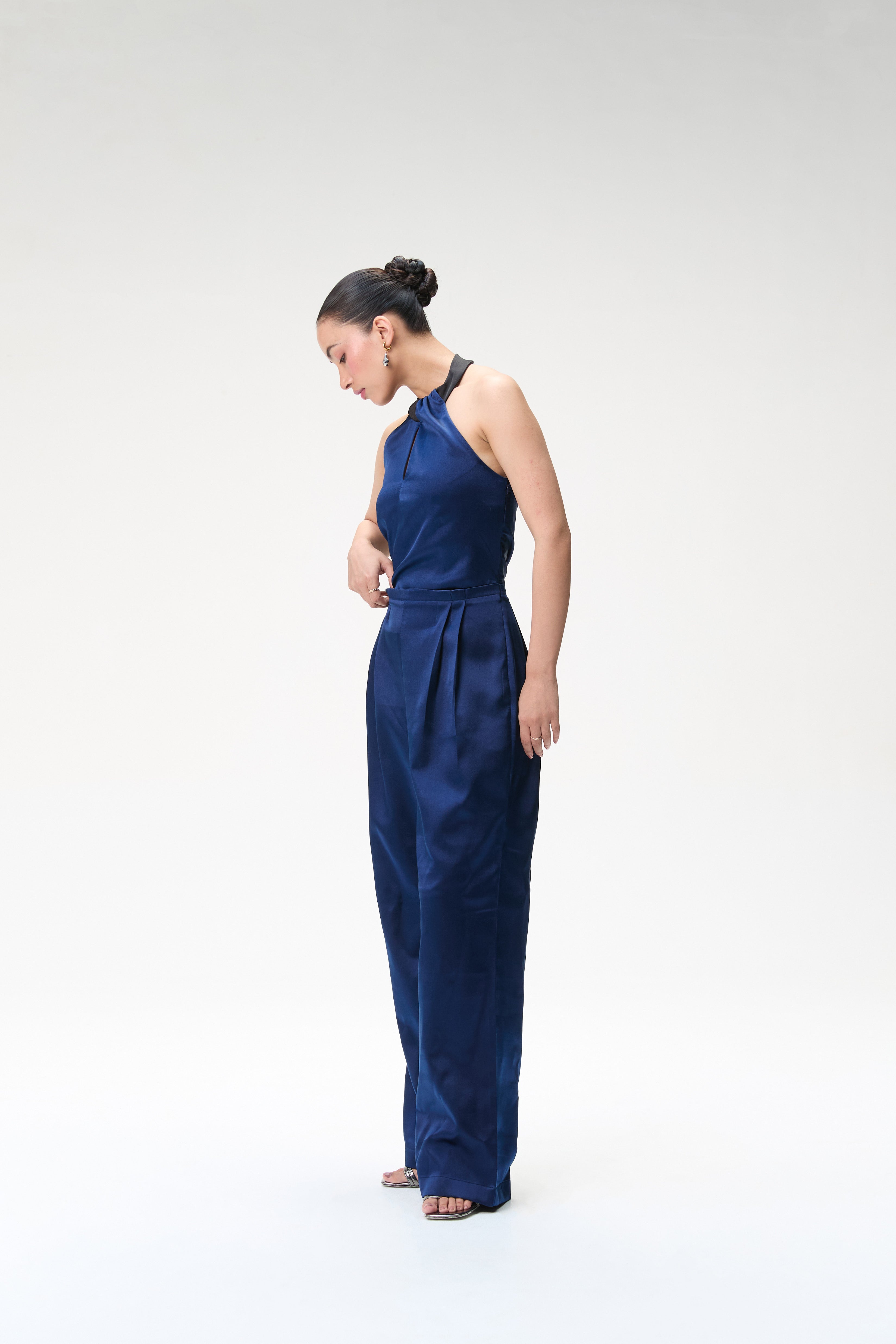 Midnight Blue Silk Jumpsuit With Contrast Collar