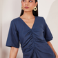 Moroccan Blue Hemp V-Neck Ruched Midi