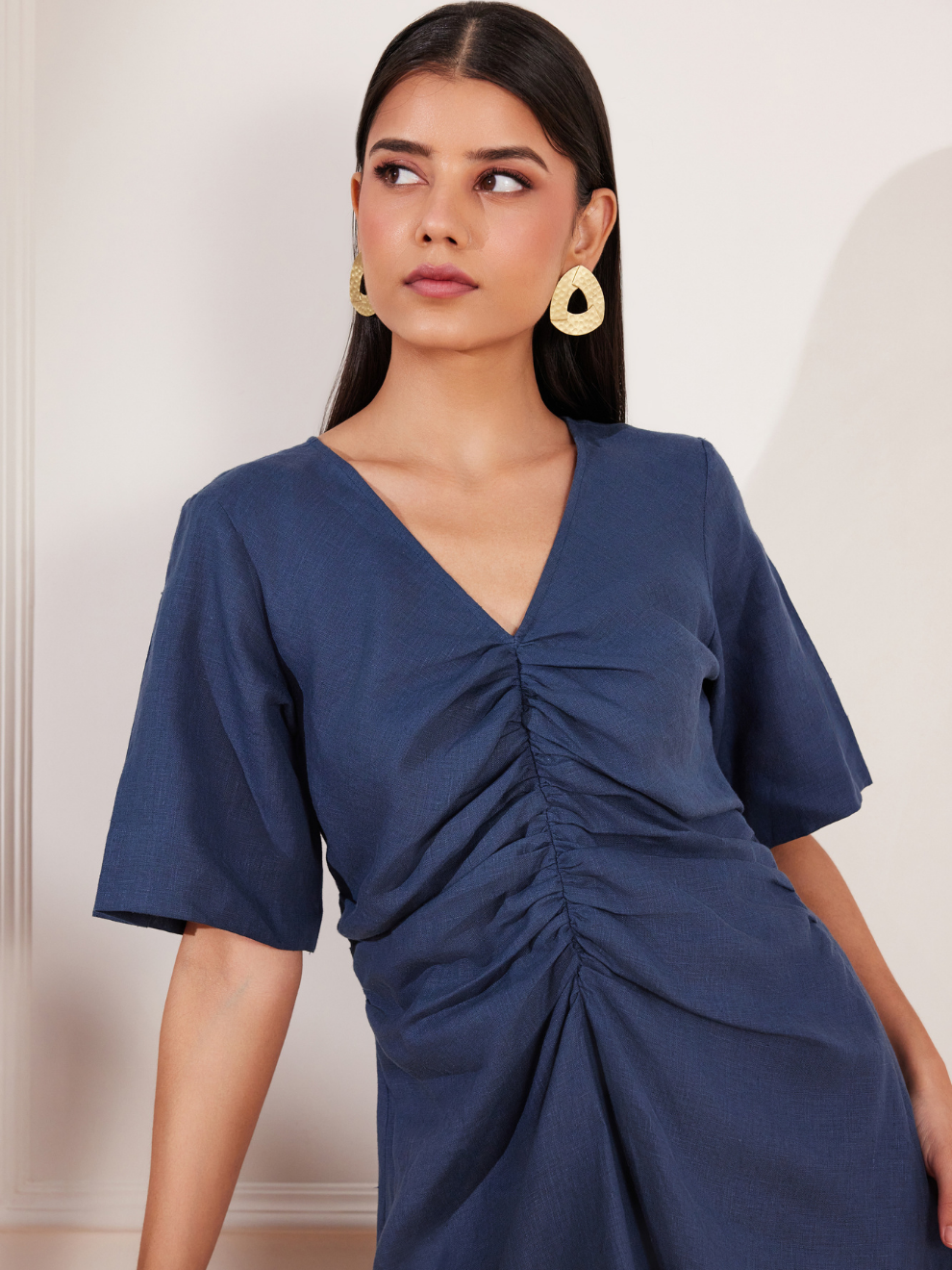 Moroccan Blue Hemp V-Neck Ruched Midi