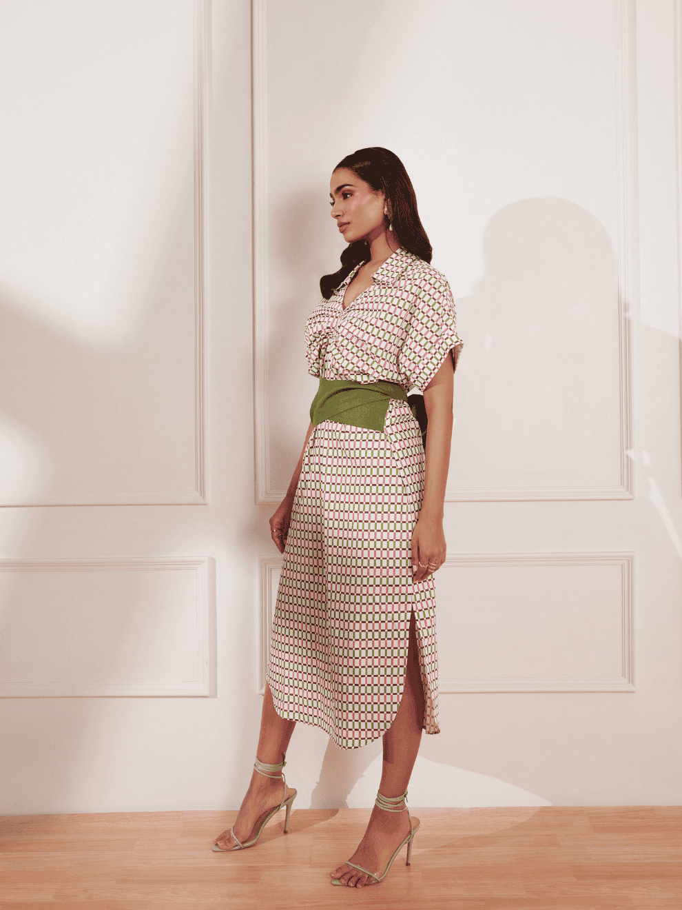 Checks Please Printed Belted Midi