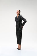 Black Peplum Jacket With Side Gathers & Black Tapered Trouser