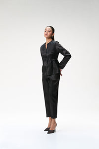 Black Peplum Jacket With Side Gathers & Black Tapered Trouser