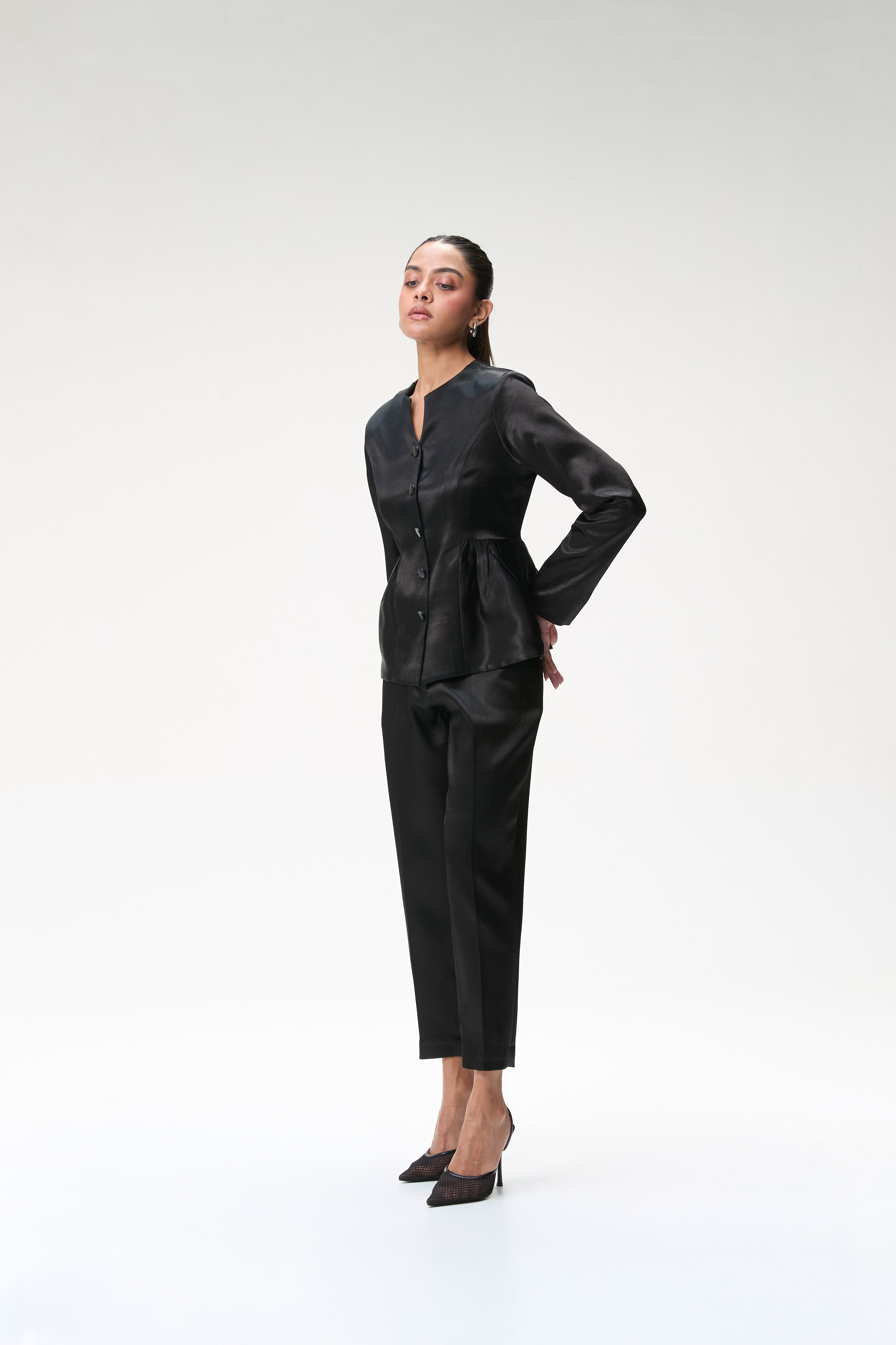 Black Peplum Jacket With Side Gathers & Black Tapered Trouser