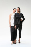 Black Peplum Jacket With Side Gathers & Black Tapered Trouser