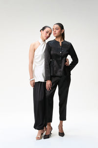 Black Peplum Jacket With Side Gathers & Black Tapered Trouser