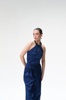 Midnight Blue Silk Jumpsuit With Contrast Collar