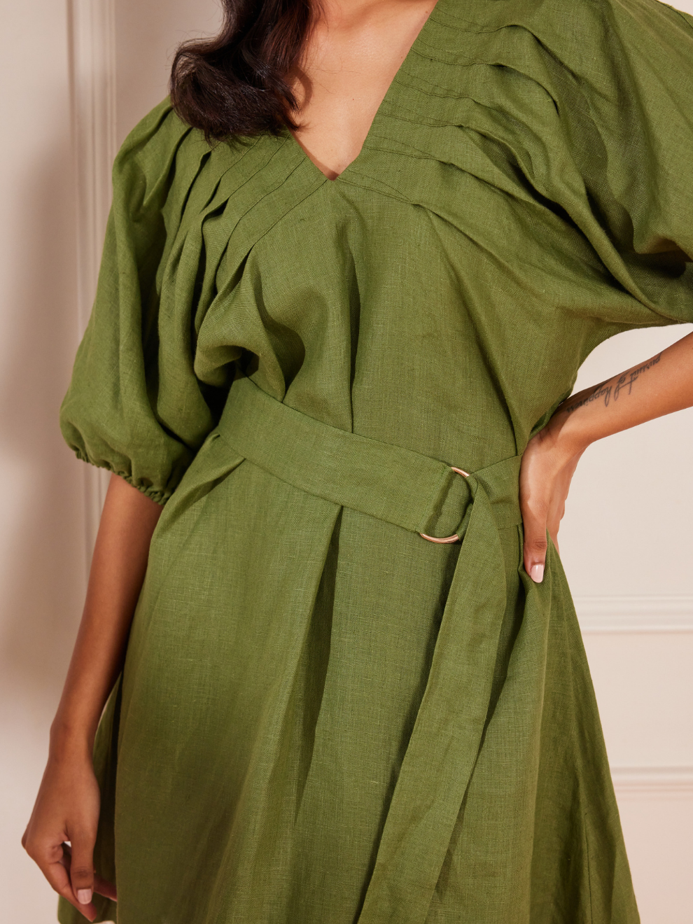 Moss Green Hemp V Neck Pleated Dress