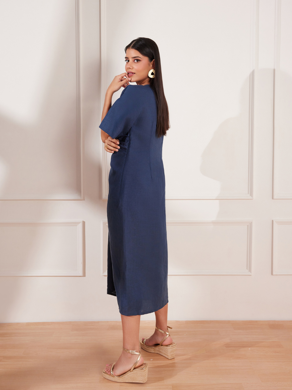 Moroccan Blue Hemp V-Neck Ruched Midi