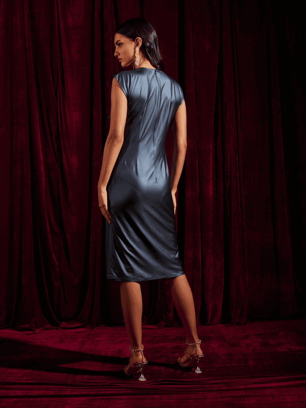 Metallic Blue Side Gathered Midi Dress with Ruffle detail