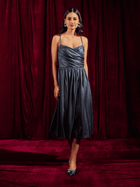 Metallic Blue Draped Bustier Midi Dress