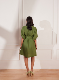 Moss Green Hemp V Neck Pleated Dress