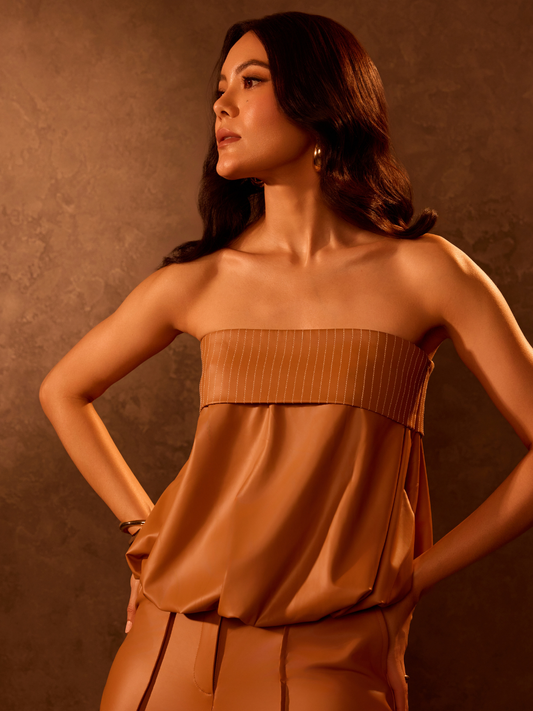 Tan Faux Leather Bubble Tube Top with Stitch Detail