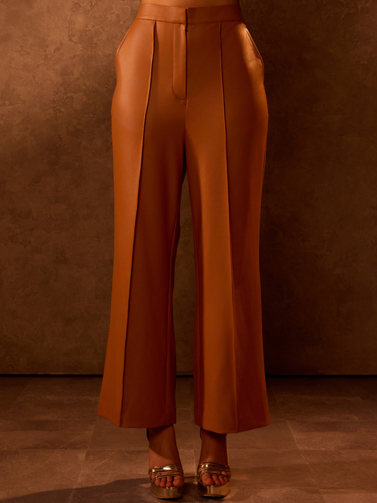 Tan Faux Leather Straight Fit Trouser