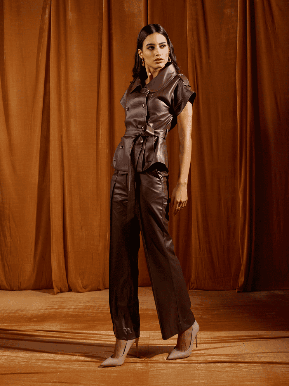 Mocha Faux Leather Straight-Fit Trousers