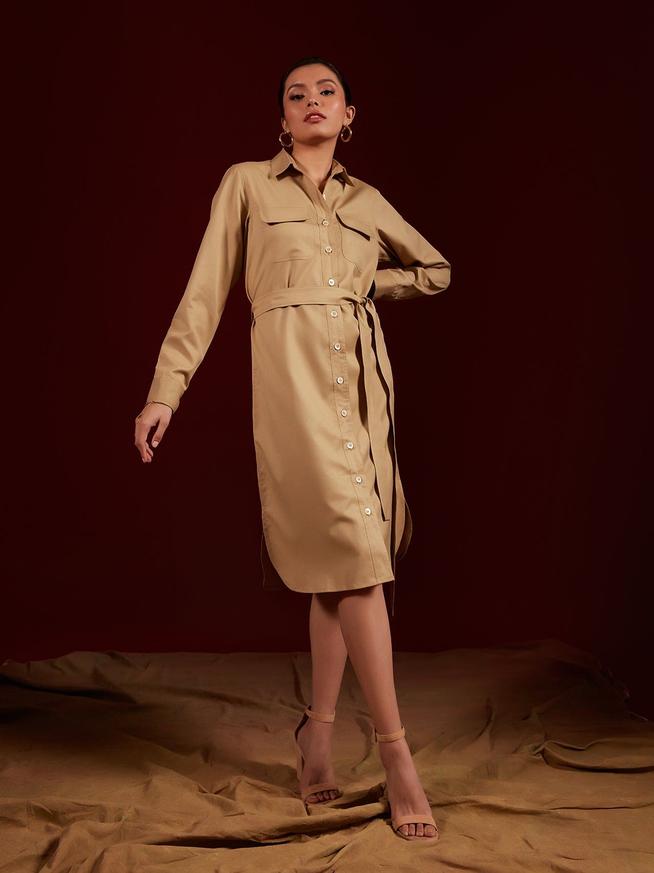 Tan Double Pocket Shirt Dress