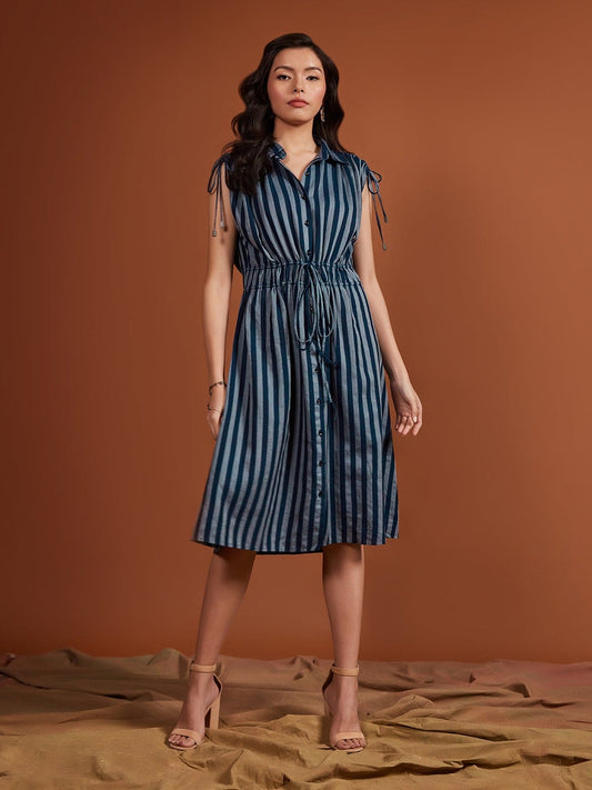 Tencel Navy Stripe Drawstring Dress