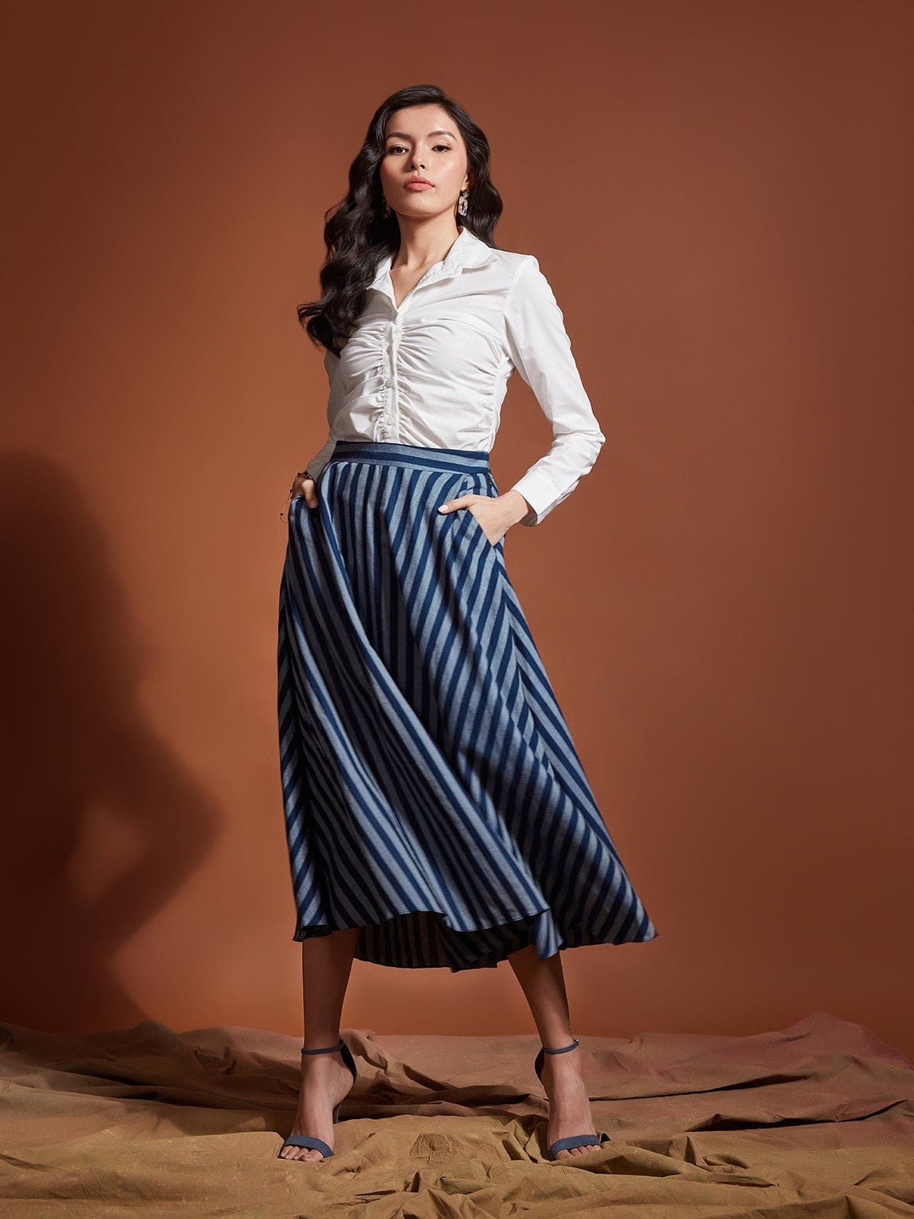 Tencel Navy Stripe Skirt With Flounce And Pockets