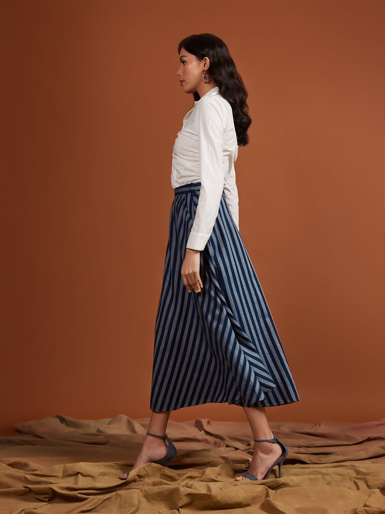 Tencel Navy Stripe Skirt With Flounce And Pockets