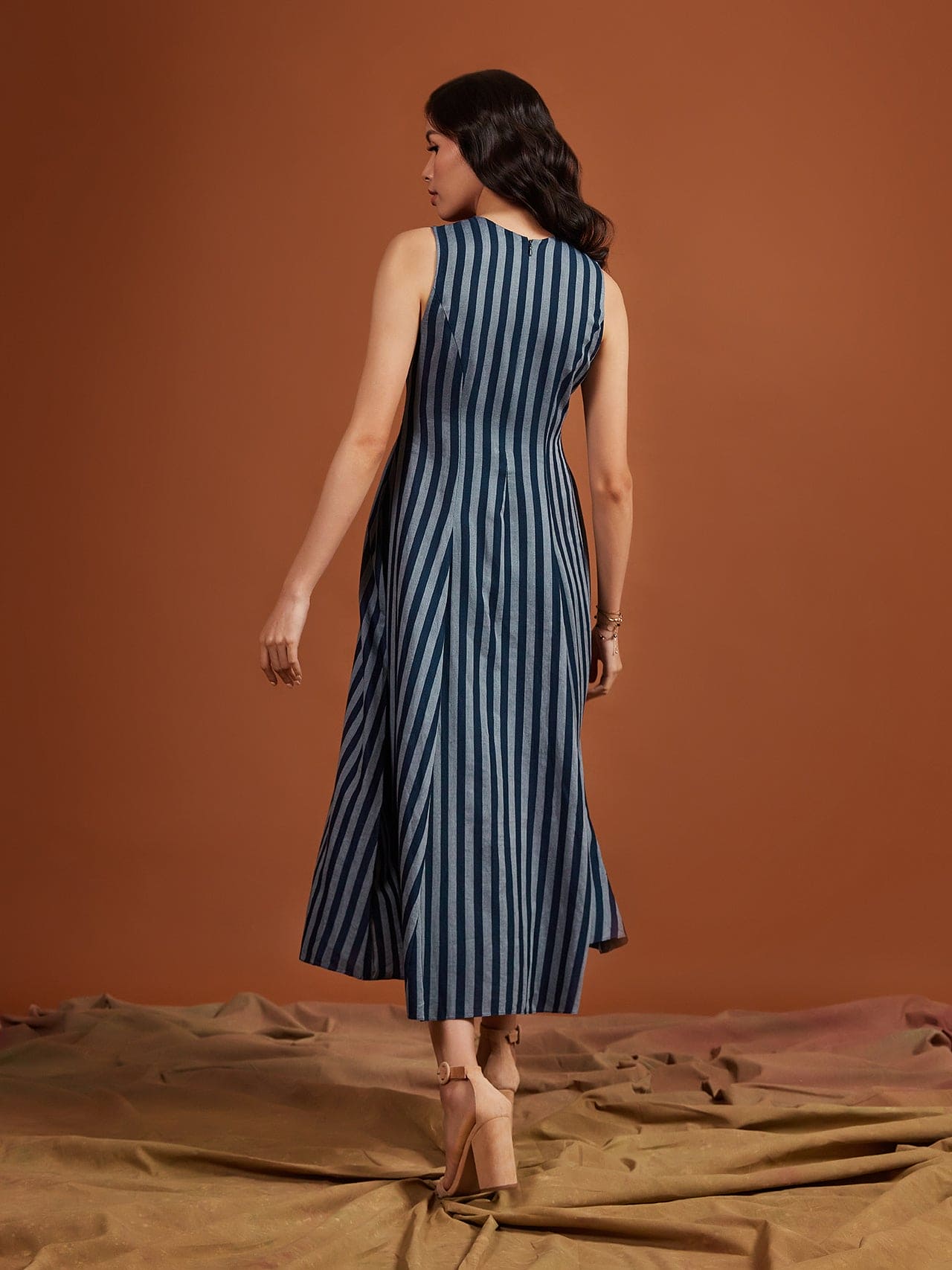 Tencel Navy Stripe Sleeveless Midi