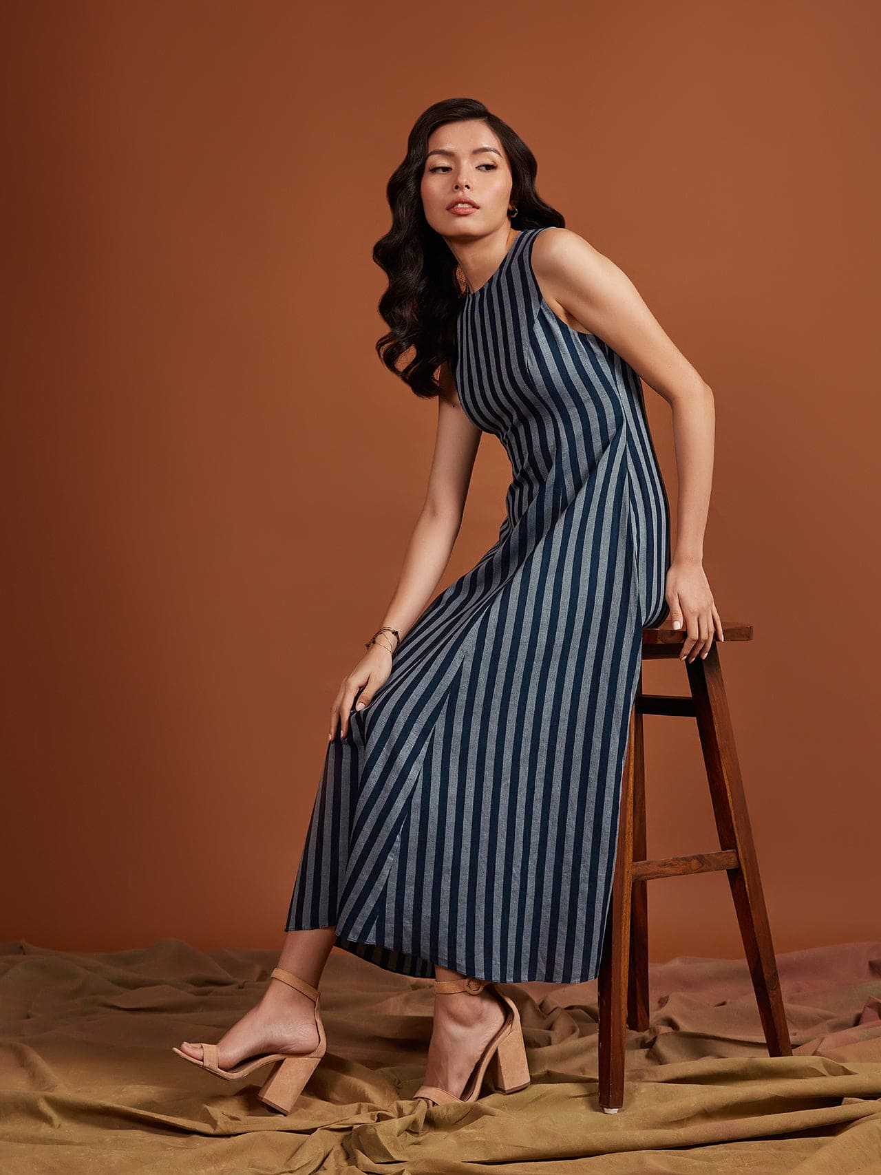 Tencel Navy Stripe Sleeveless Midi