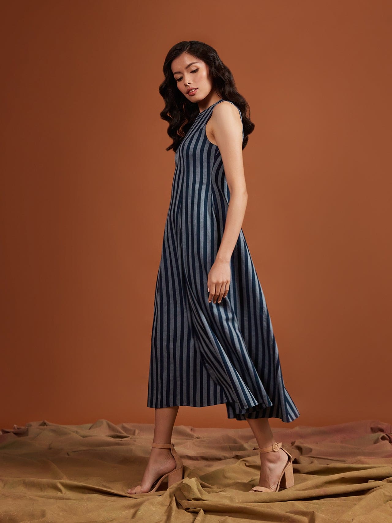 Tencel Navy Stripe Sleeveless Midi