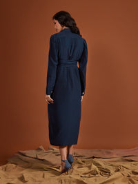 Navy Pearl Satin Shirt Dress