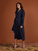 Navy Pearl Satin Shirt Dress