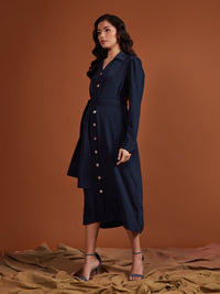 Navy Pearl Satin Shirt Dress