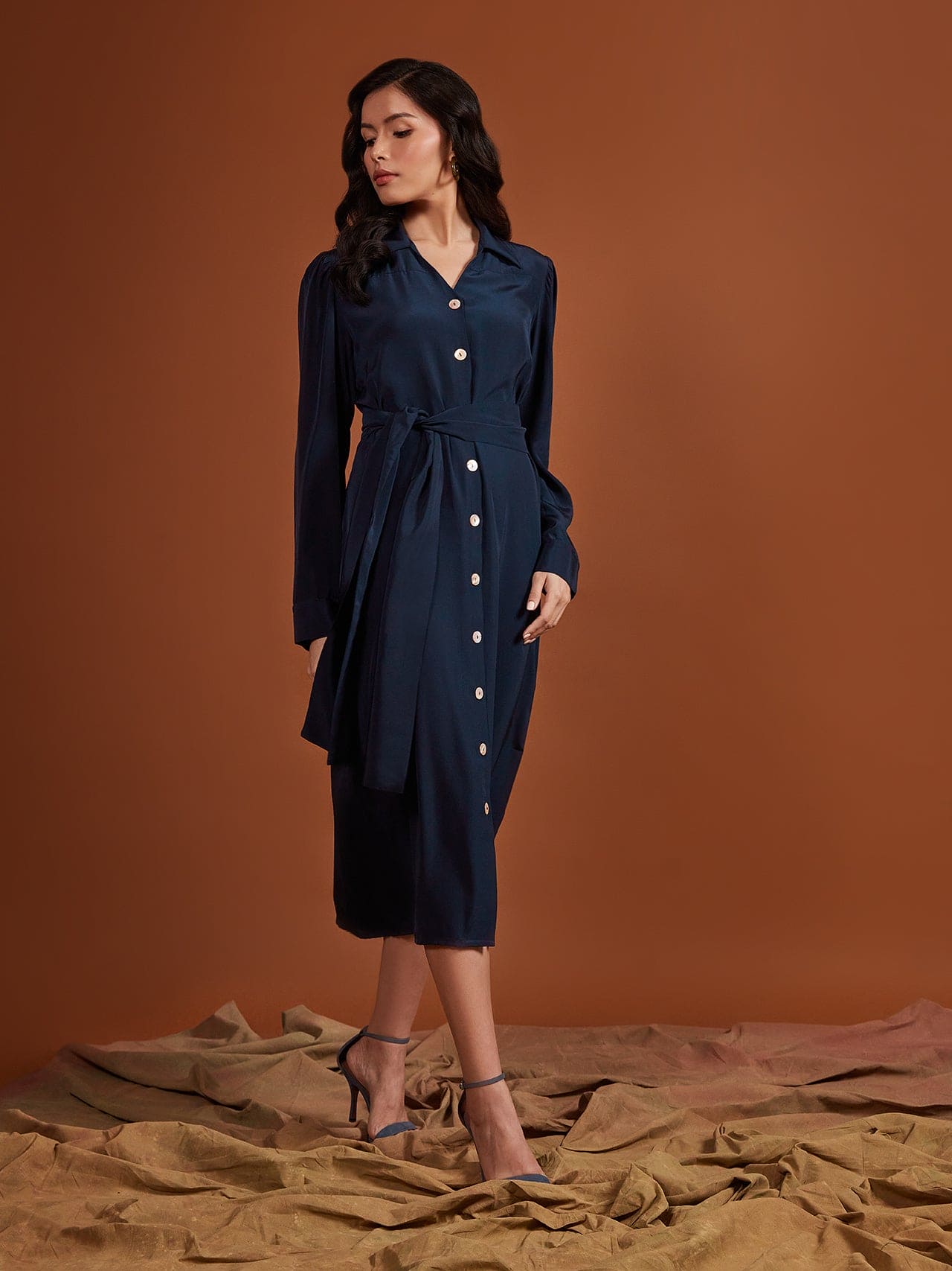 Navy Pearl Satin Shirt Dress