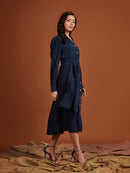 Navy Pearl Satin Shirt Dress