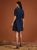 Navy Pearl Satin High Neck Pleated Dress