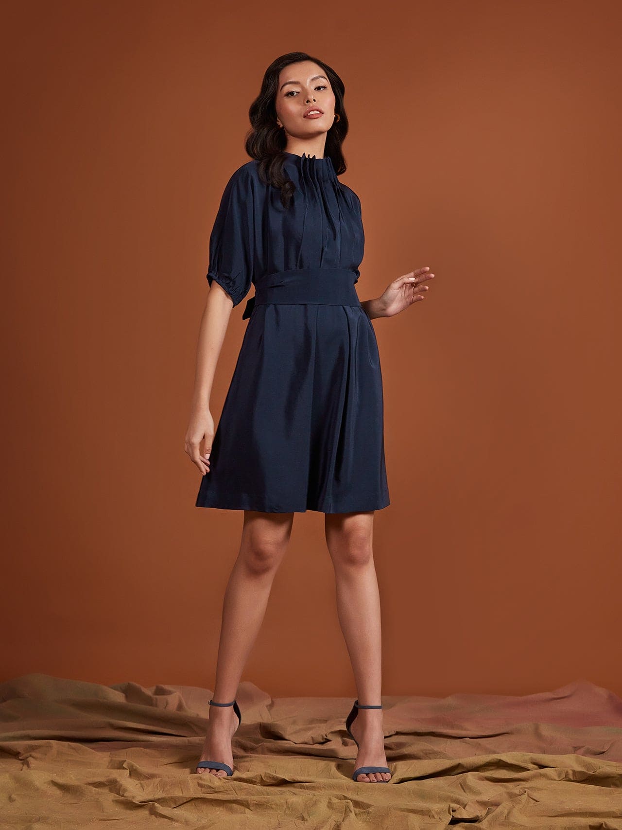 Navy Pearl Satin High Neck Pleated Dress