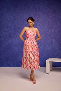 Red Silk Organza Side Gather Tube Dress